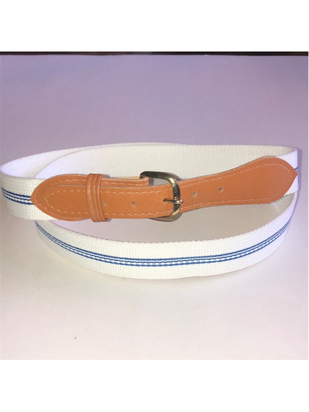 White Canvas Belt with Tan Leather Trim and Blue Stripe